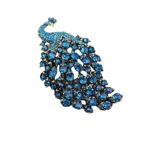 Women's Dark Teal Rhinestone Peacock Brooch Gold Tone